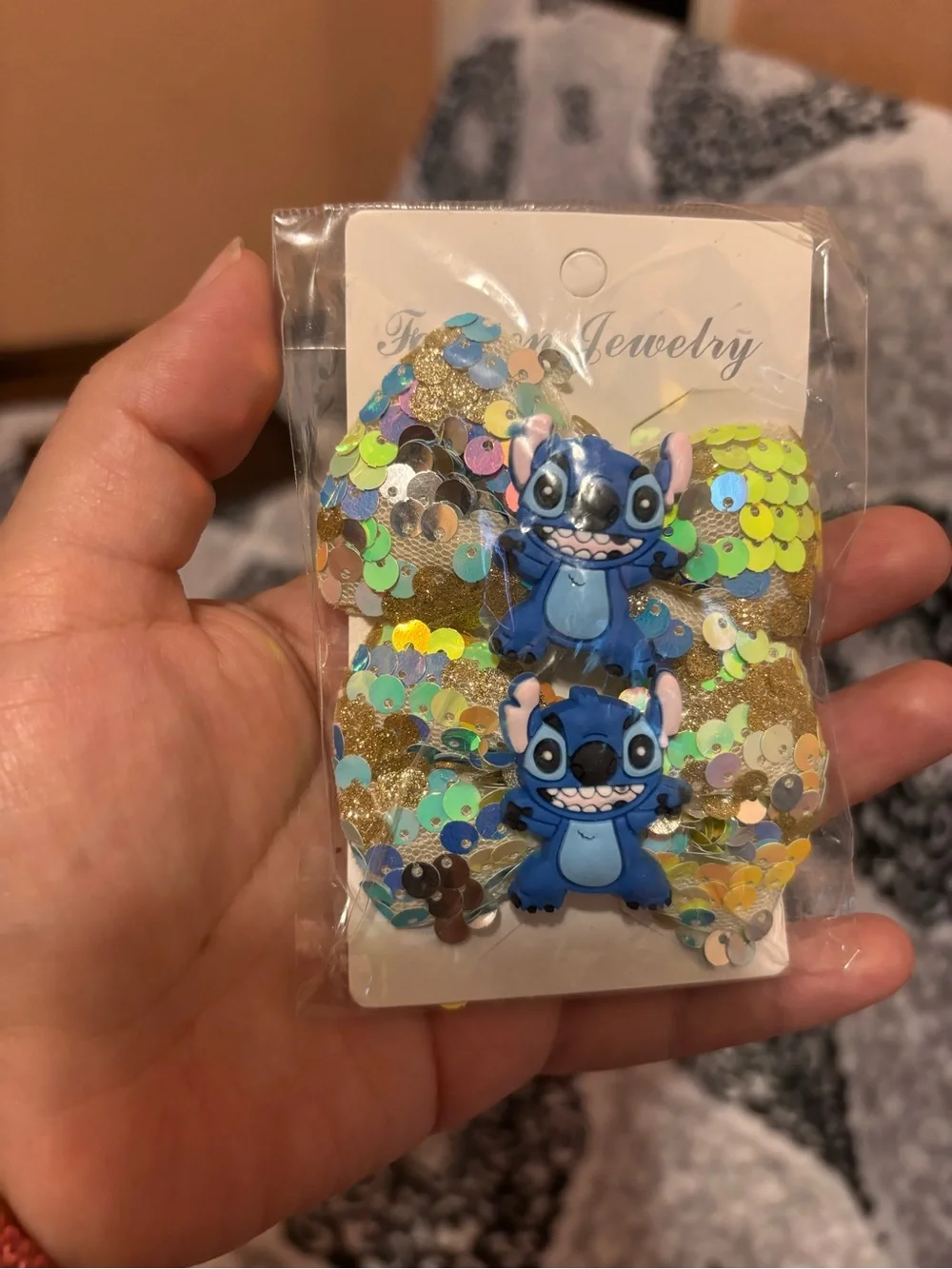 6 Sequin Bow Hair Clip with Blue Cartoon Accent - Kids Accessories
